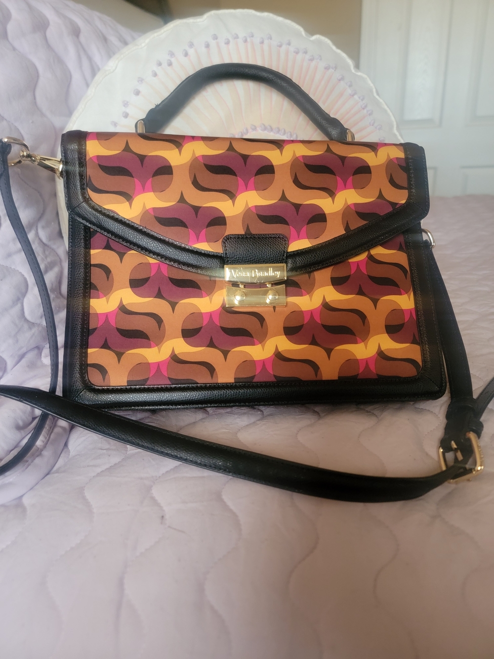 Vera Bradley Retro Geometric Satchel in Orange, Pink, Brown with Black Trim